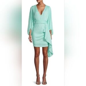 One33 Social cascade ruffle balloon sleeve mini dress in aqua.